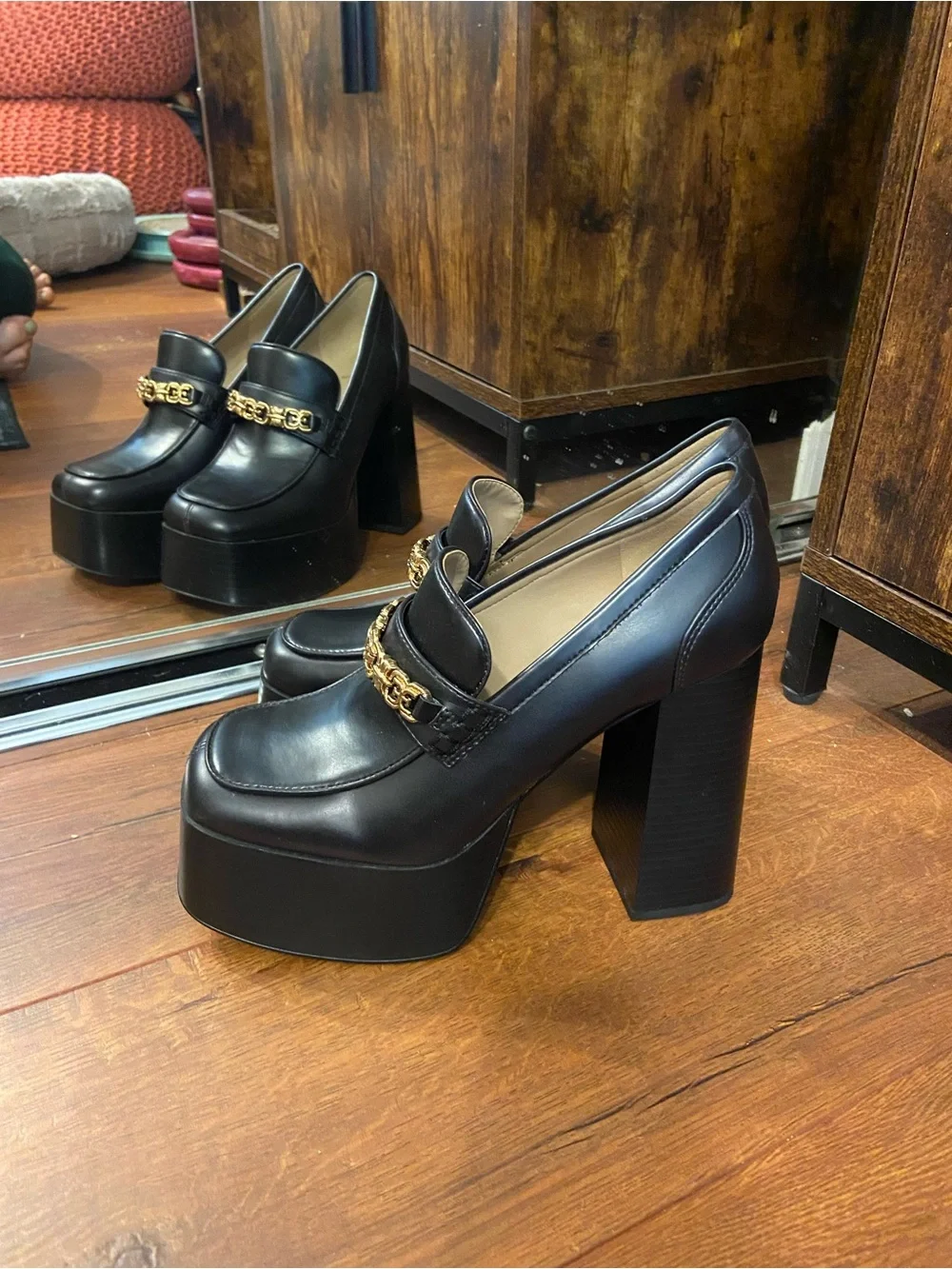 Sam Edelman Black Platform Loafers with Gold Chain